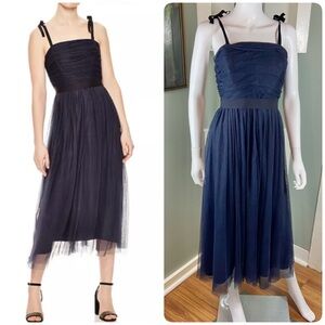 Sandro Paris Bishop Navy Blue Tulle Midi Dress Straps Size 36 xs/s ruched